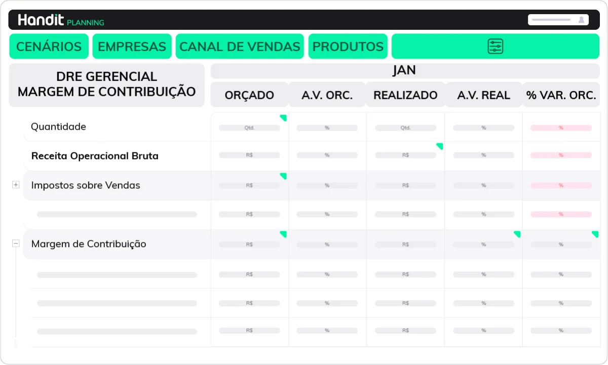 Visão da DRE gerencial com colunas de orçado, realizado e variações